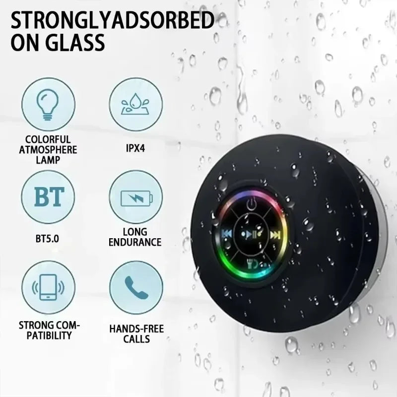 2025 New Bathroom Waterproof Wireless LED Suction Cup Mini Bluetooth Speaker Portable Outdoor Sports Stereo Speakers