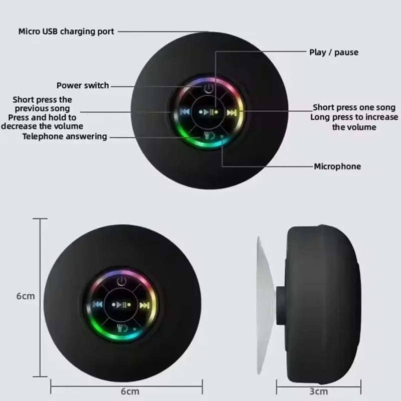2025 New Bathroom Waterproof Wireless LED Suction Cup Mini Bluetooth Speaker Portable Outdoor Sports Stereo Speakers